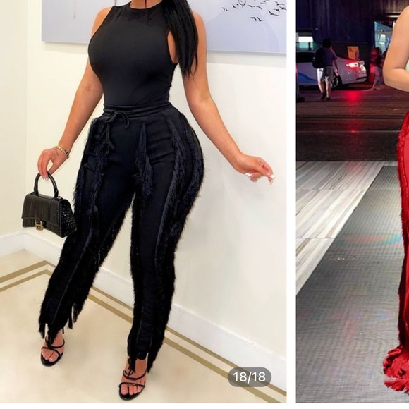 Fashion nova flamingo, black fringe draw string pants with sleeveless top - Picture 1 of 6